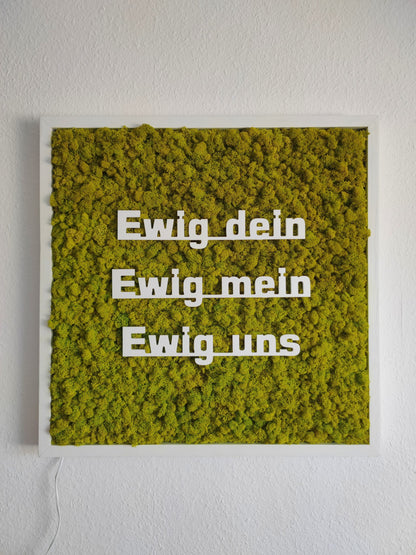 Moosbild mit Logo | 3D Buchstaben unbeleuchtet. Tagansicht - unbeleuchtet. Islandmoos. Holzrahmen weiß. 3D Buchstaben weiß.