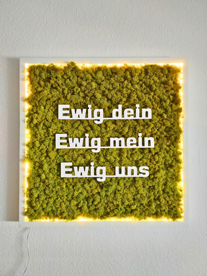 Moosbild mit Logo | 3D Buchstaben unbeleuchtet. Nachtansicht - beleuchtet. Islandmoos. Holzrahmen weiß. 3D Buchstaben weiß.