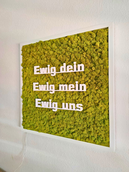 Moosbild mit Logo | 3D Buchstaben unbeleuchtet. Tagansicht - unbeleuchtet. Islandmoos. Holzrahmen weiß. 3D Buchstaben weiß.