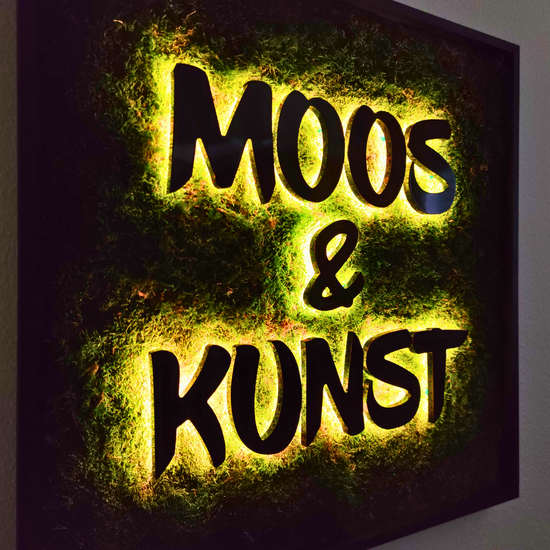 3D Leuchtbuchstaben, die nach hinten versetzt montiert sind und ein modernes, tiefenwirksames Design schaffen. Die Buchstaben sind auf einem dekorativen Moosbild angebracht, das mit hochwertigem Flachmoos beleuchtet wird, um eine stimmungsvolle Atmosphäre zu erzeugen. Die Kombination aus Licht und natürlichen Mooselementen sorgt für einen einzigartigen visuellen Effekt